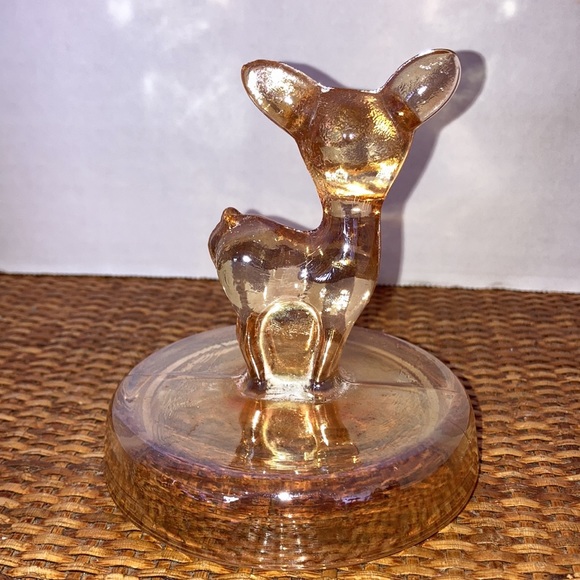 Jeanette Marigold carnival glass deer trinket box/powder lid 1940s - Picture 4 of 6